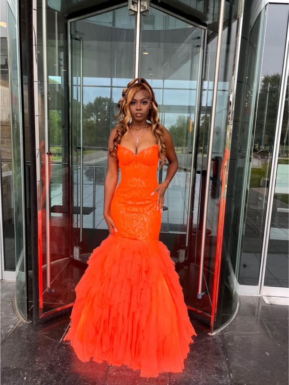 Bold Orange Mermaid Prom Gown with Ruffled Tulle Skirt